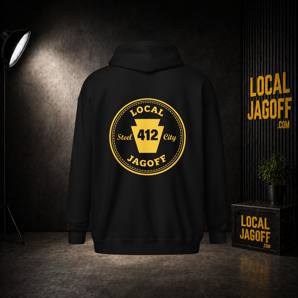 Local Jagoff Keystone hoodie with the gold 412 back print